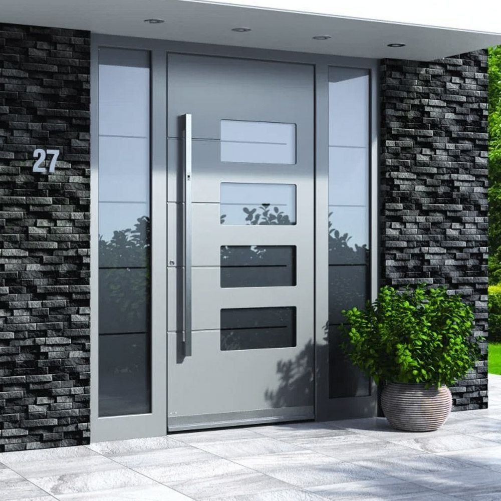 Modern silver-gray aluminum pivot entry door with frosted glass lites, full-height pull handle and matching glass sidelites