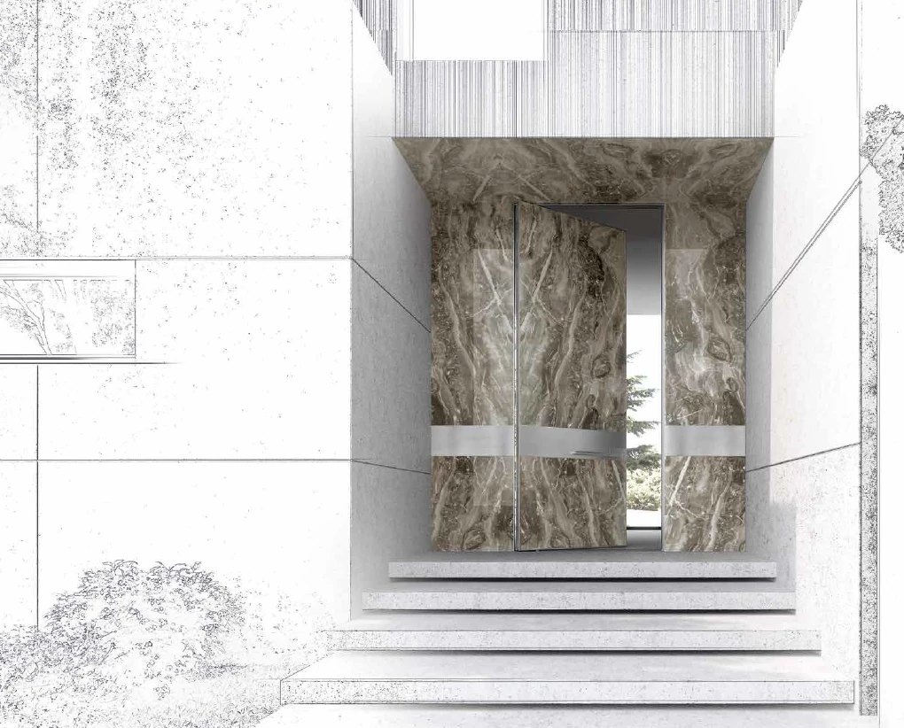 Marble-clad pivot door with a brushed steel band in a marble-lined entry, architectural sketch