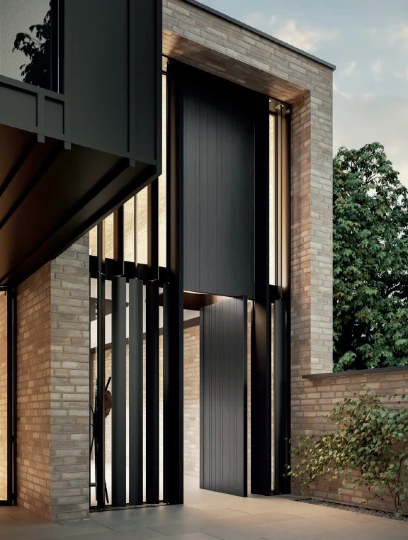 Two-story black vertical-board pivot door in a brick and glass facade, rendering