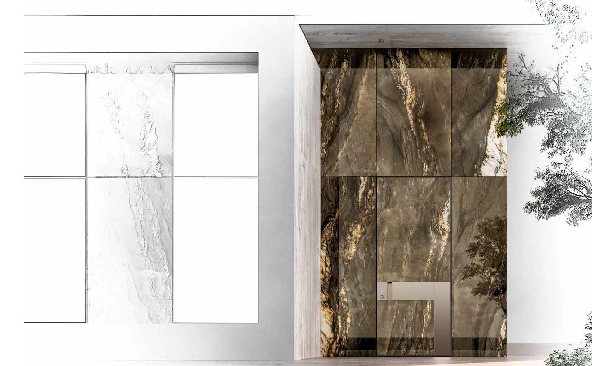 Book-matched brown marble entry wall with a flush pivot and bronze pull, architectural sketch