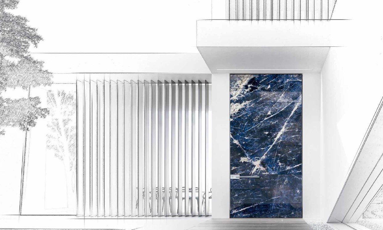 Blue sodalite stone pivot door with a steel pull in a white modern entry, architectural sketch