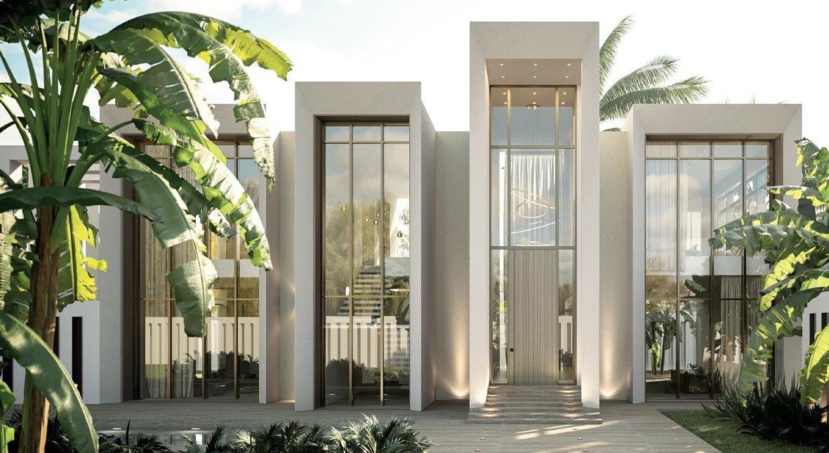 Modern villa facade with full-height glass walls and a tall wood-paneled pivot entry, rendering