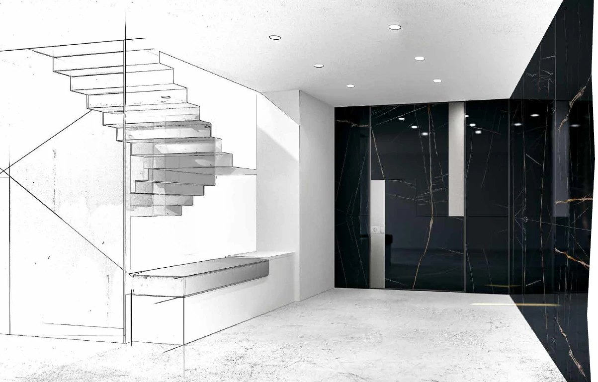 Black marble entry wall with a flush pivot door and offset brushed panels, shown in an architectural sketch
